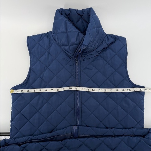 Quilted Navy Blue Long Vest Women's Size L Stand Collar Zip Pockets - Picture 4 of 5